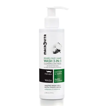 Macrovita Cotton & Hops Beard, Face, Hair Wash 3 in 1 for Men 200ml - Μαλλιά στο Pharmeden.gr